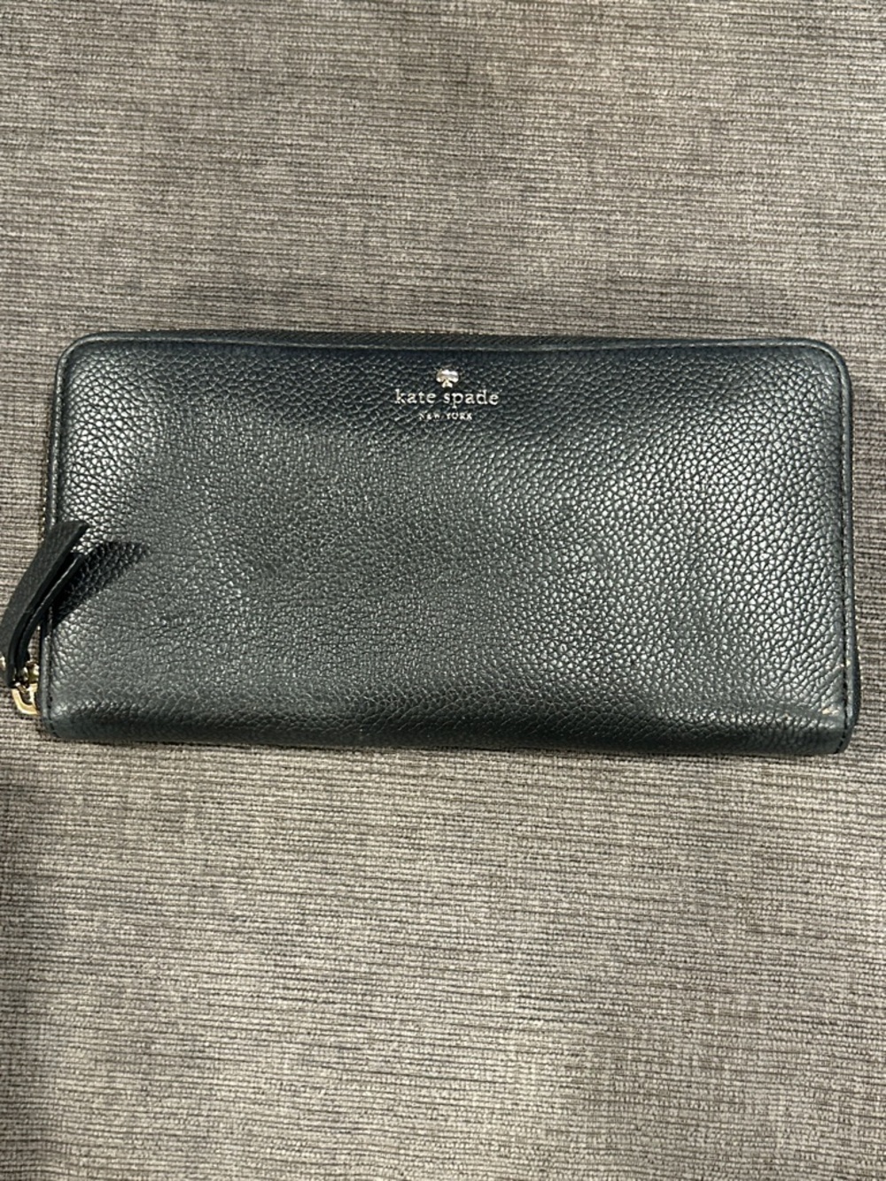 kate spade Black Pebbled Leather Zip-Around Wallet with Gold Logo